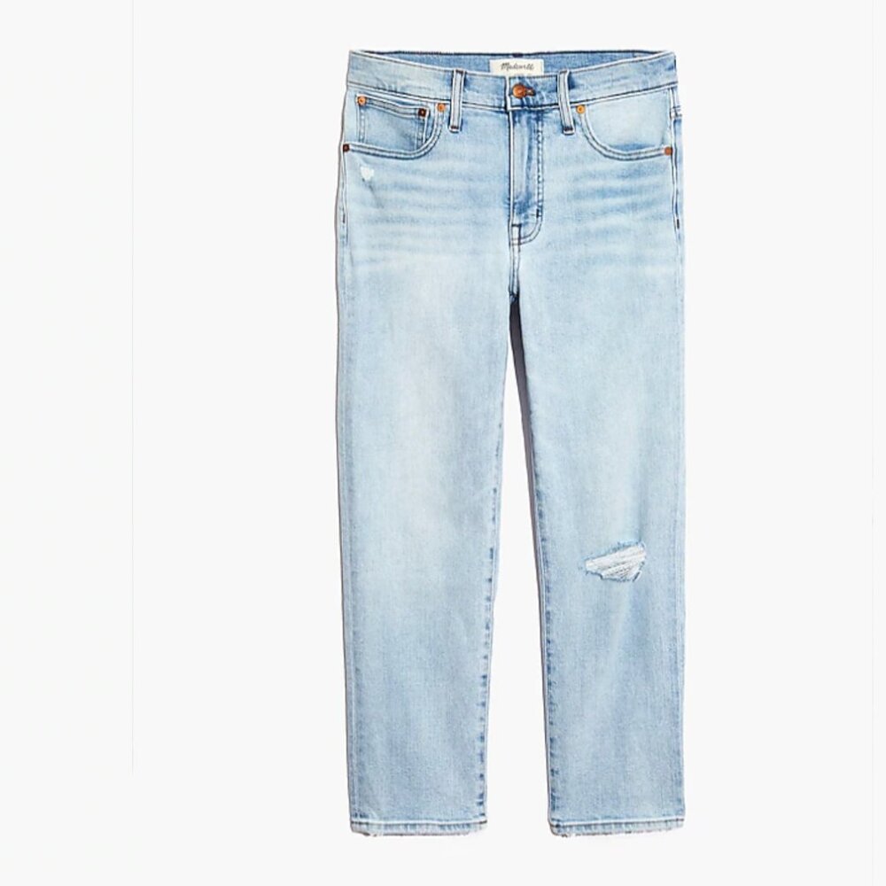 Madewell Mid-Rise Classic Straight Jeans in Wellingford Wash Knee-Rip Edition 25